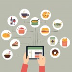 Food background - food blogging, reading about food, searching for recipes or ordering food online. Flat design style.